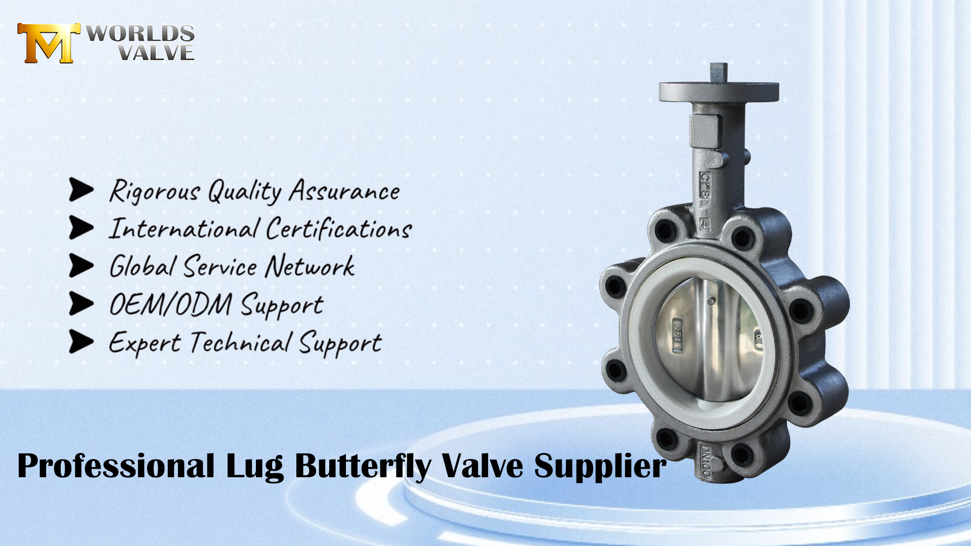 Lug Kelebek Vana | CF8 Gövde ve Cilalı Disk | PTFE Koltuk | Sabitlenmiş Sabitleme